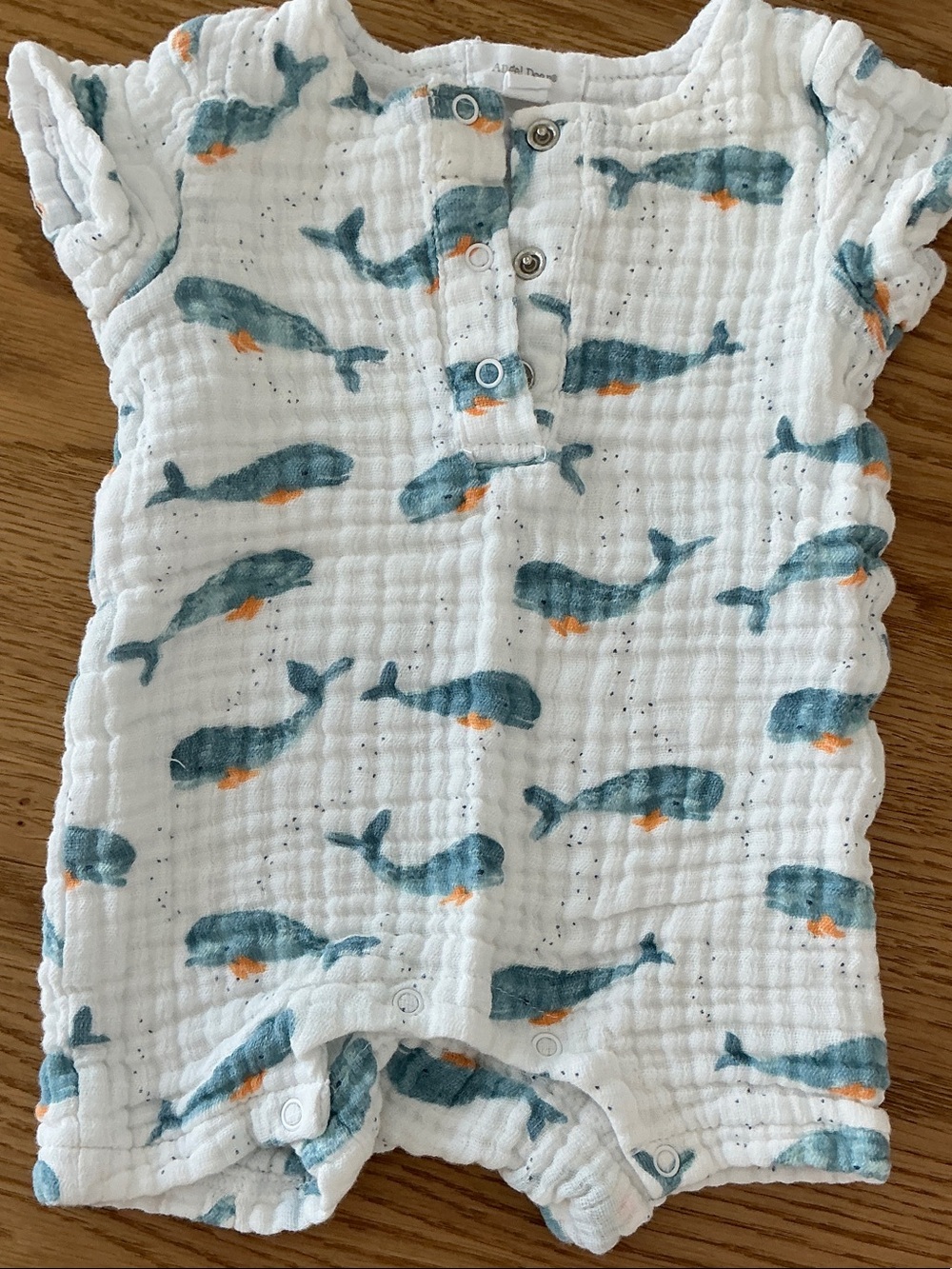 Angel Dear White Muslin Whale Print One-Piece with Teal and Orange Accents